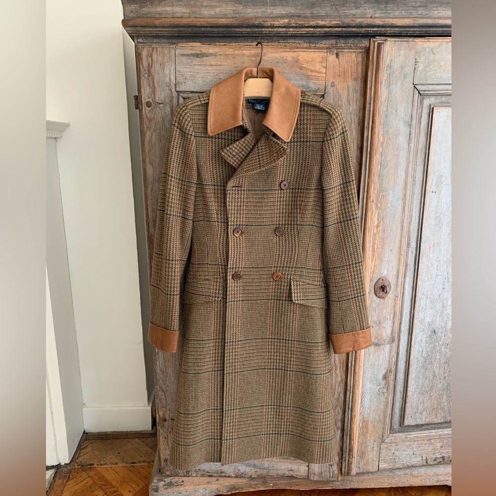 Ralph Lauren Double Breasted fitted and flare Plaid Coat with Leather Trim - Picture 1 of 13